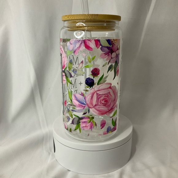 16 Ounce Handmade Clear Glass Can Cup, W/Lid & Straw, Mama Floral - Picture 12 of 13